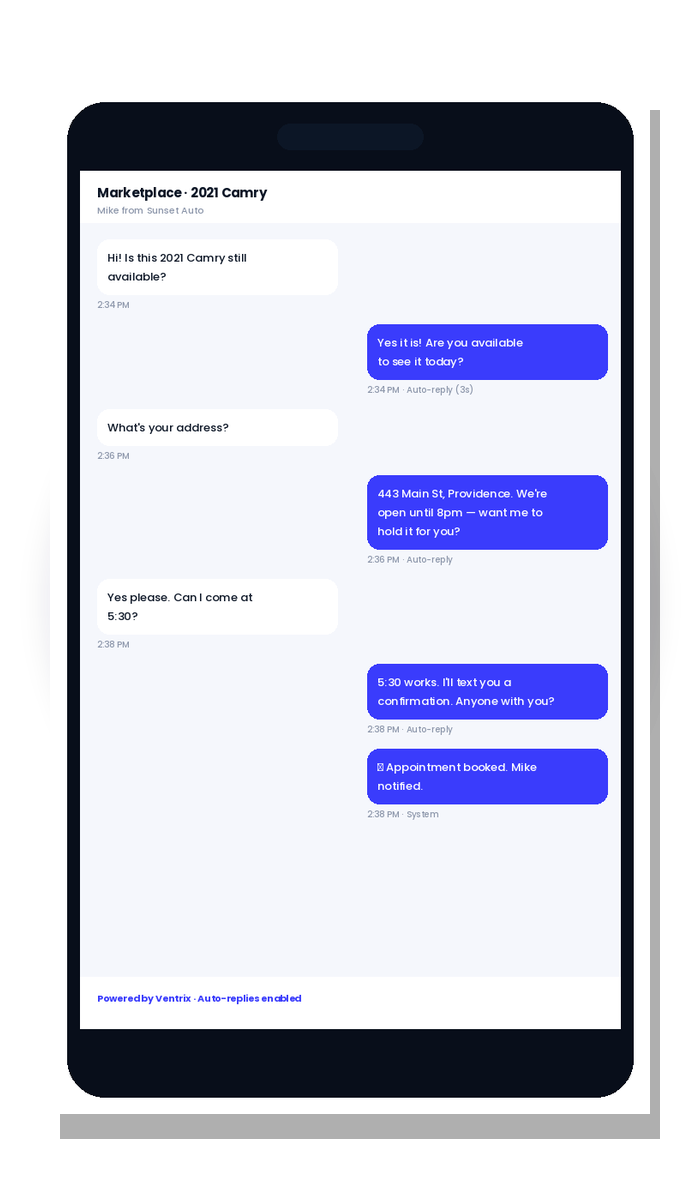 Ventrix SMS auto-reply on a phone